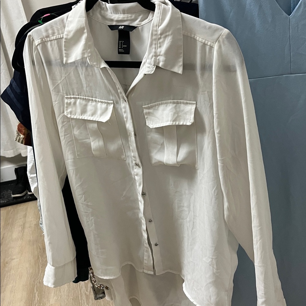 H&M White Utility Blouse Button Up Pocket Shirt 4